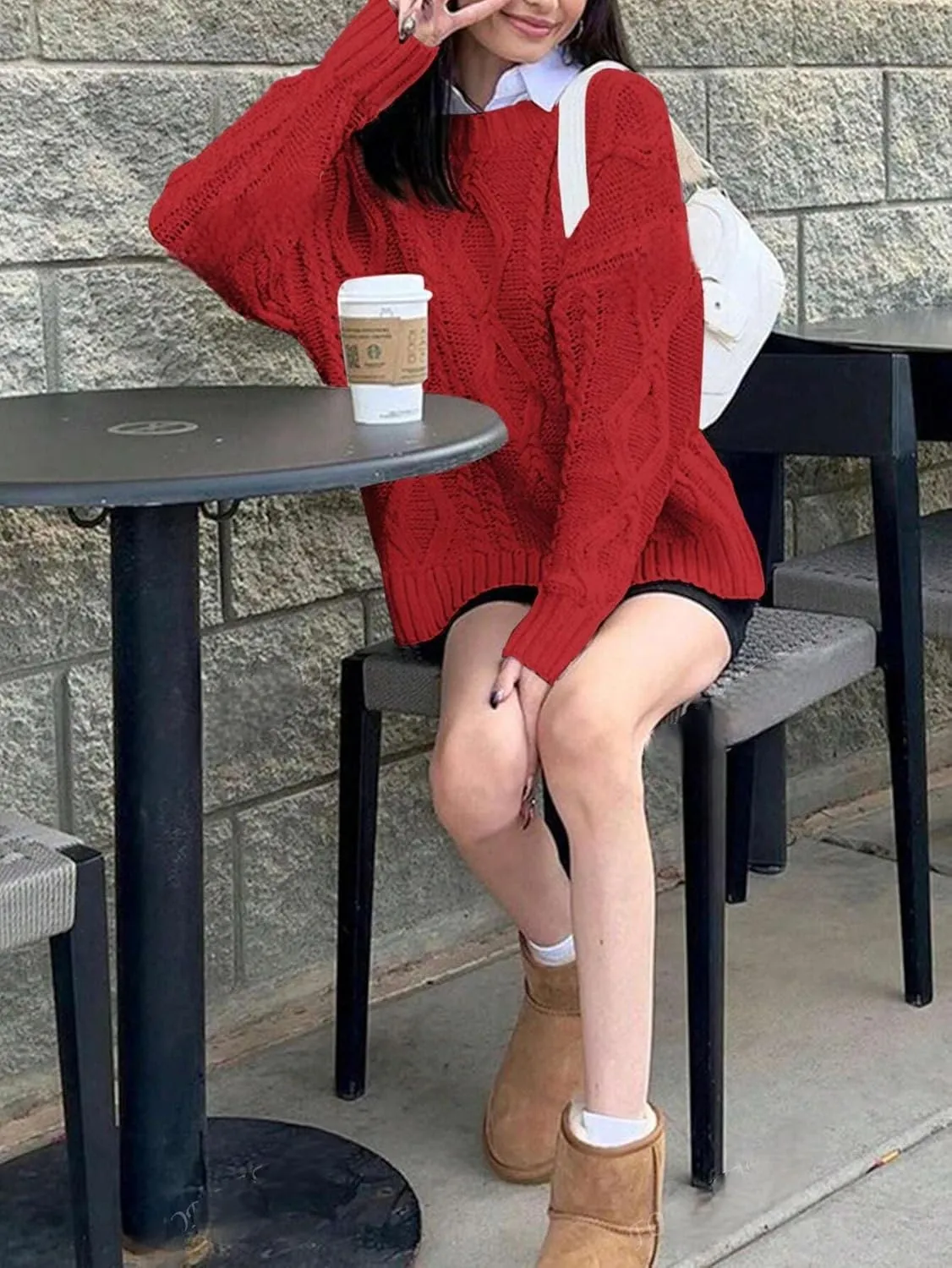 ZAFUL Cable Knit Sweaters for Women Crewneck Casual Knit Pullover Sweater Long Sleeves Jumper Tops
