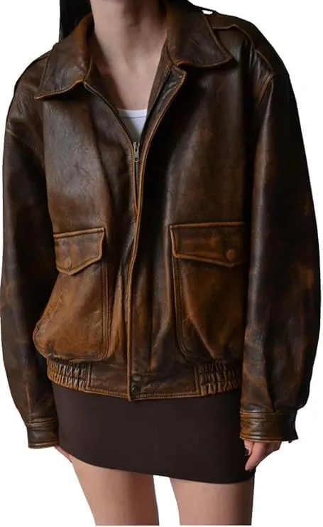 Zaine Enterprises Womens 90'S Vintage Oversized Bomber Classic Style Wear Genuine Leather Jacket