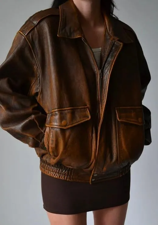Zaine Enterprises Womens 90'S Vintage Oversized Bomber Classic Style Wear Genuine Leather Jacket