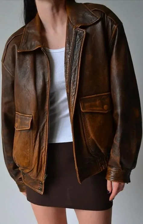 Zaine Enterprises Womens 90'S Vintage Oversized Bomber Classic Style Wear Genuine Leather Jacket