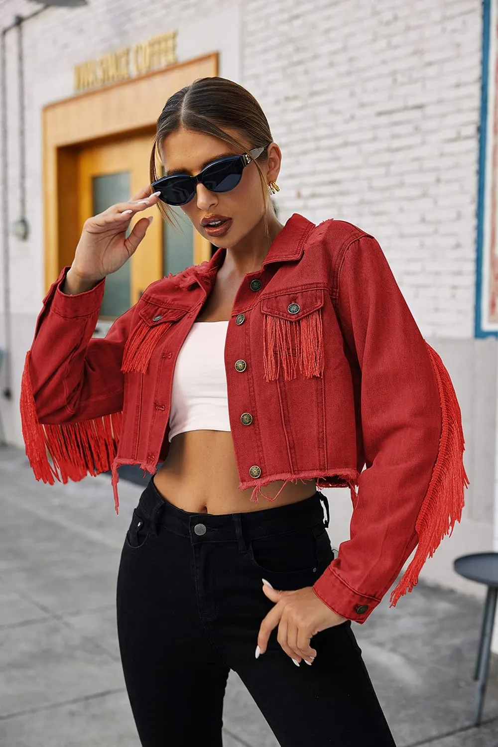 Zeagoo Women Denim Jacket Casual Long Sleeve Distressed Ripped Cropped Coat Fringe Jean Jacket XS-XXL