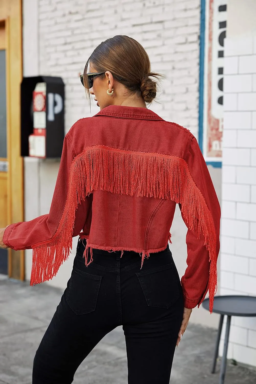Zeagoo Women Denim Jacket Casual Long Sleeve Distressed Ripped Cropped Coat Fringe Jean Jacket XS-XXL