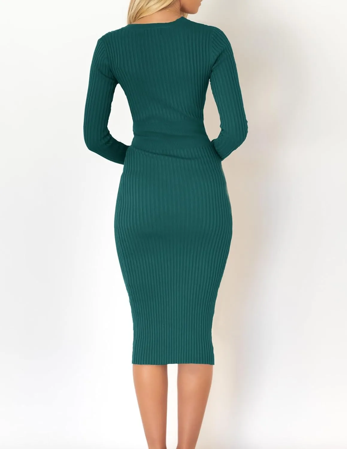 ZESICA Women's Spring Sweater Dress V Neck Long Sleeve Ribbed Knit Tie Waist Slim Fit Bodycon Midi Dresses