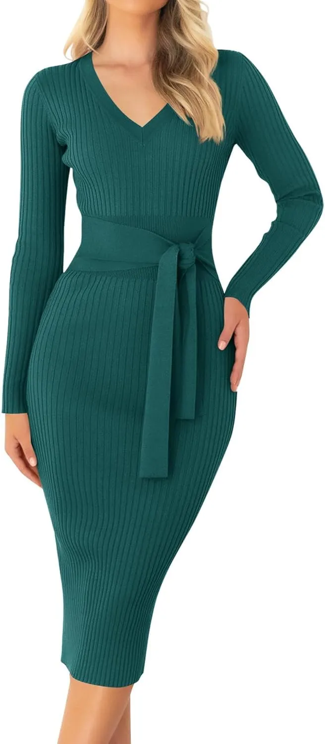 ZESICA Women's Spring Sweater Dress V Neck Long Sleeve Ribbed Knit Tie Waist Slim Fit Bodycon Midi Dresses