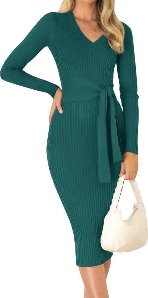 ZESICA Women's Spring Sweater Dress V Neck Long Sleeve Ribbed Knit Tie Waist Slim Fit Bodycon Midi Dresses