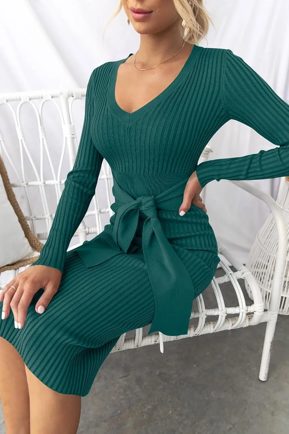 ZESICA Women's Spring Sweater Dress V Neck Long Sleeve Ribbed Knit Tie Waist Slim Fit Bodycon Midi Dresses